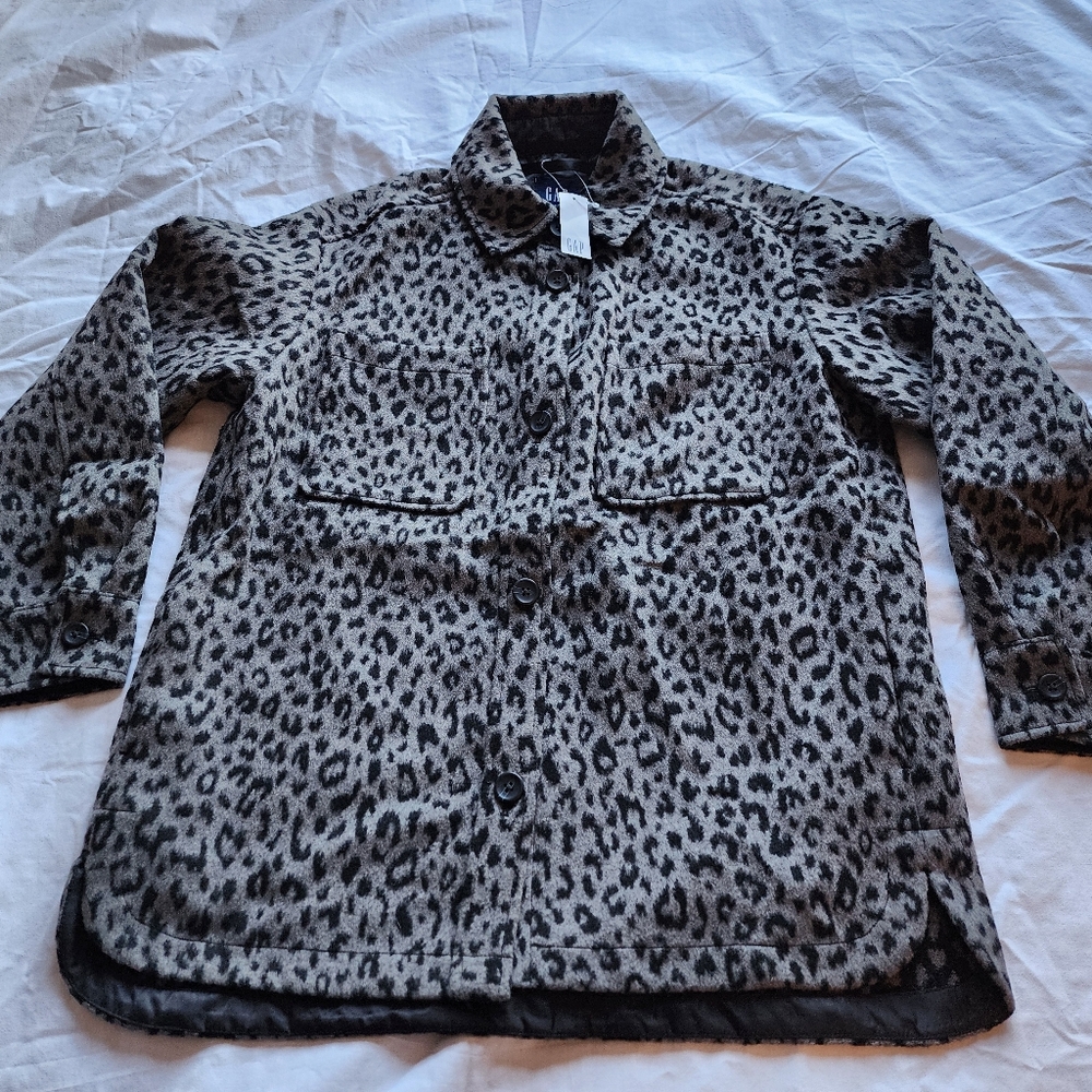 GAP ANIMAL LEOPARD PRINT WOOL-BLEND SHIRT-JACKET BLACK/GRAY SIZE SMALL PETITE
